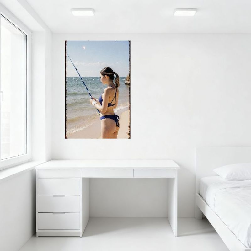 Sexy Woman In Blue Bikini On Sandy Beach Metal Tin Sign, Fishing Rod & Calm Ocean Scene, Vintage Home Bar Wall Decor Art Poster