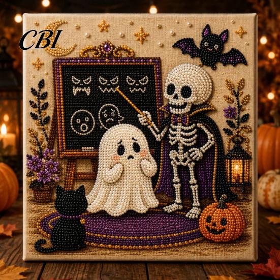 3d Faux Pearl Mosaic Art for Adults Halloween Kit, Cute Ghost Skeleton Painting Room Decor DIY 3D Craft Kit Adults, Fall Home Handmade Gift Lovers