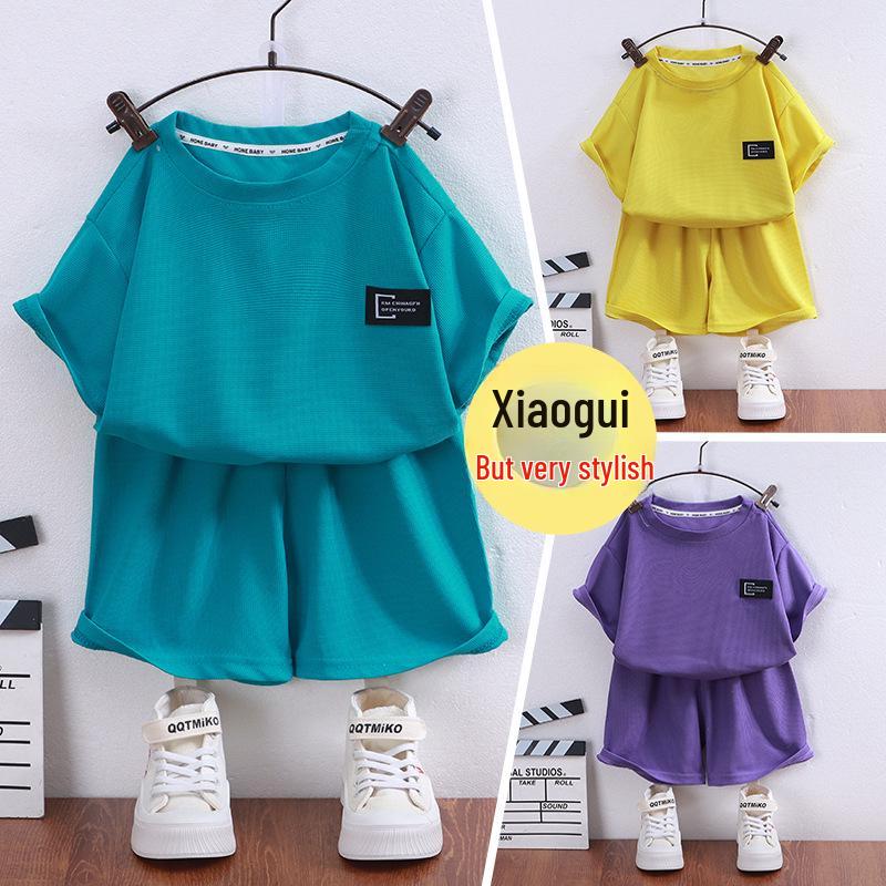 

Kids Thin Waffle Short-Sleeved Summer Sets for Boys and Girls - Home & Air-Conditioned Wear 90cm озеро синий