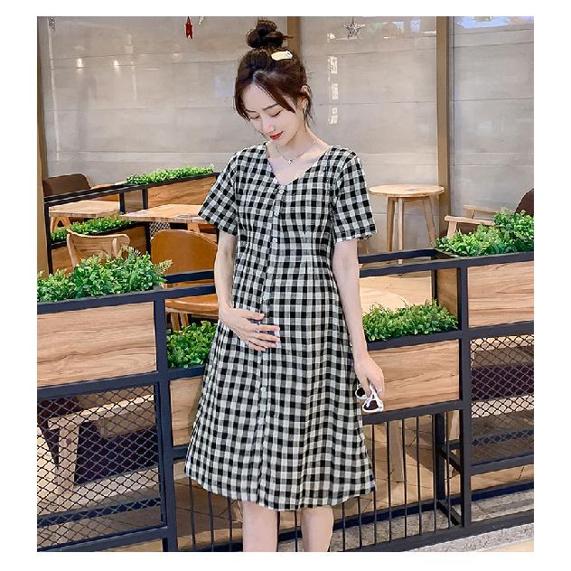New Maternity Dress Plaid V-Neck Summer Mid-Length Short-Sleeve Loose Dress M чёрный