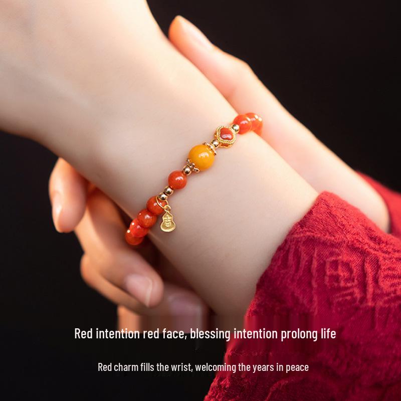 Red Agate & Amber Beaded Bracelet with Ruby Four-Leaf Clover for Women