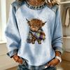 Highland Cow Plaid Scarf Print Waffle Crew Neck Top Women Raglan Sleeve Casual T Shirt Top