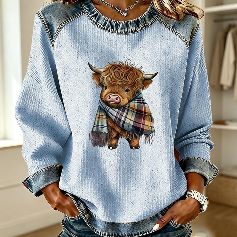 Highland Cow Plaid Scarf Print Waffle Crew Neck Top Women Raglan Sleeve Casual T Shirt Top