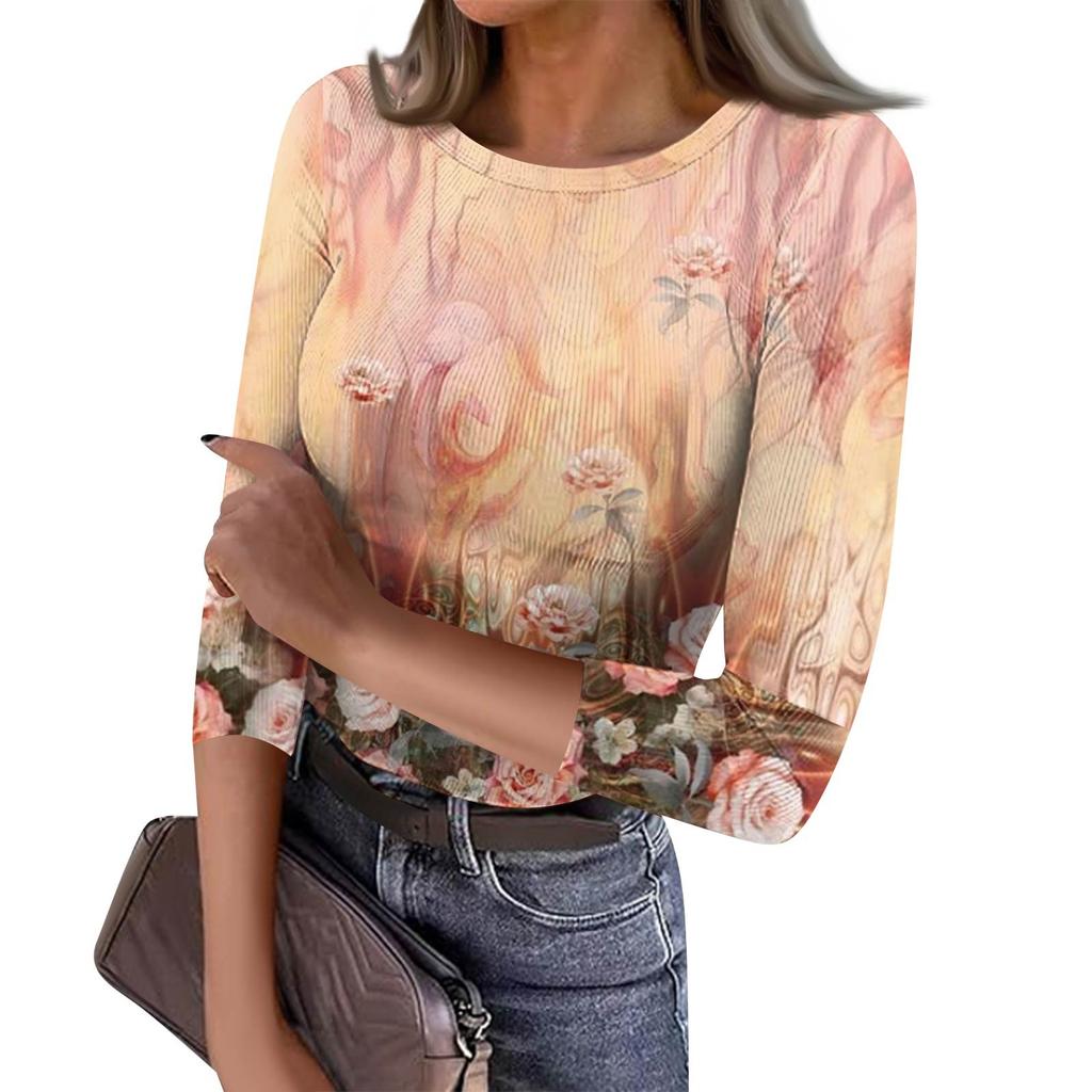 Women's Slim Bottom T-shirt Fashion Casual  Printed Round Neck Pullover Seven Sleeve Top