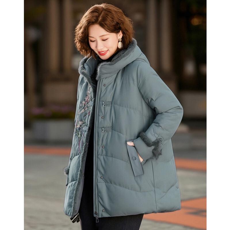 Women's Chinese Style Embroidered Mink Fur Trim Down Jacket