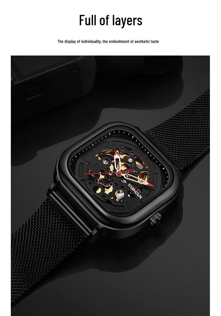 Marken Herren Quadratisch Skelett Mechanisch Wasserdicht Stahlarmband Uhr - Douyin Internetberühmtheit Bestseller