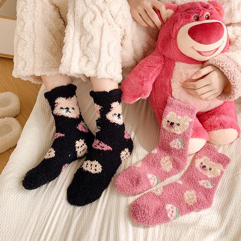 Non-shedding Coral Fleece Socks, Warm Half Fleece Women's Socks, Home Floor Socks, Little Bear Socks, Mid-calf Cartoon Socks