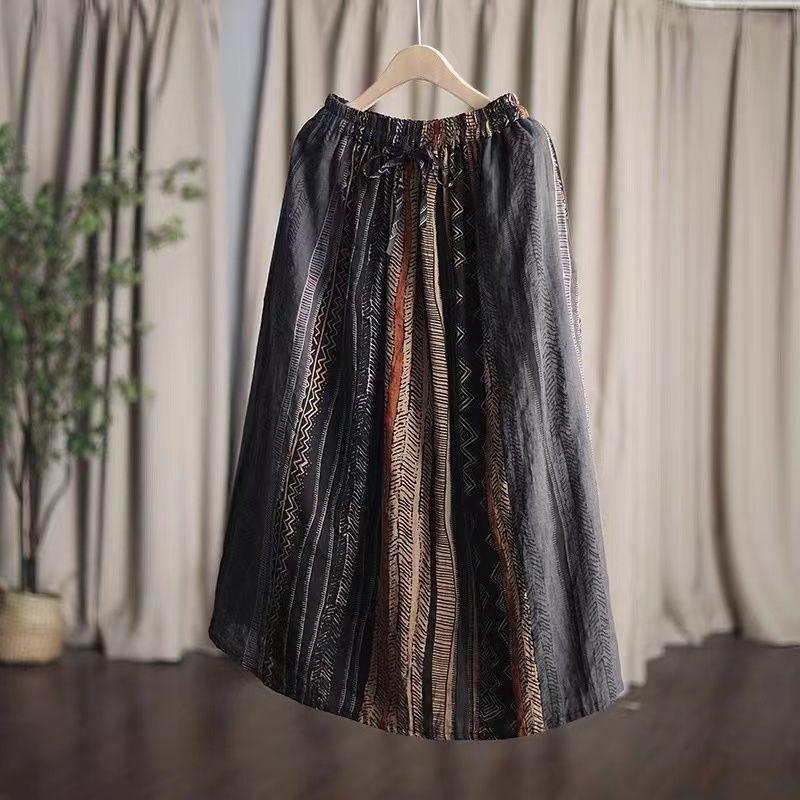 Damen Vintage Print Langer Rock Elastische Taille A-Linie Fließend Boho Lässig Midi Rock