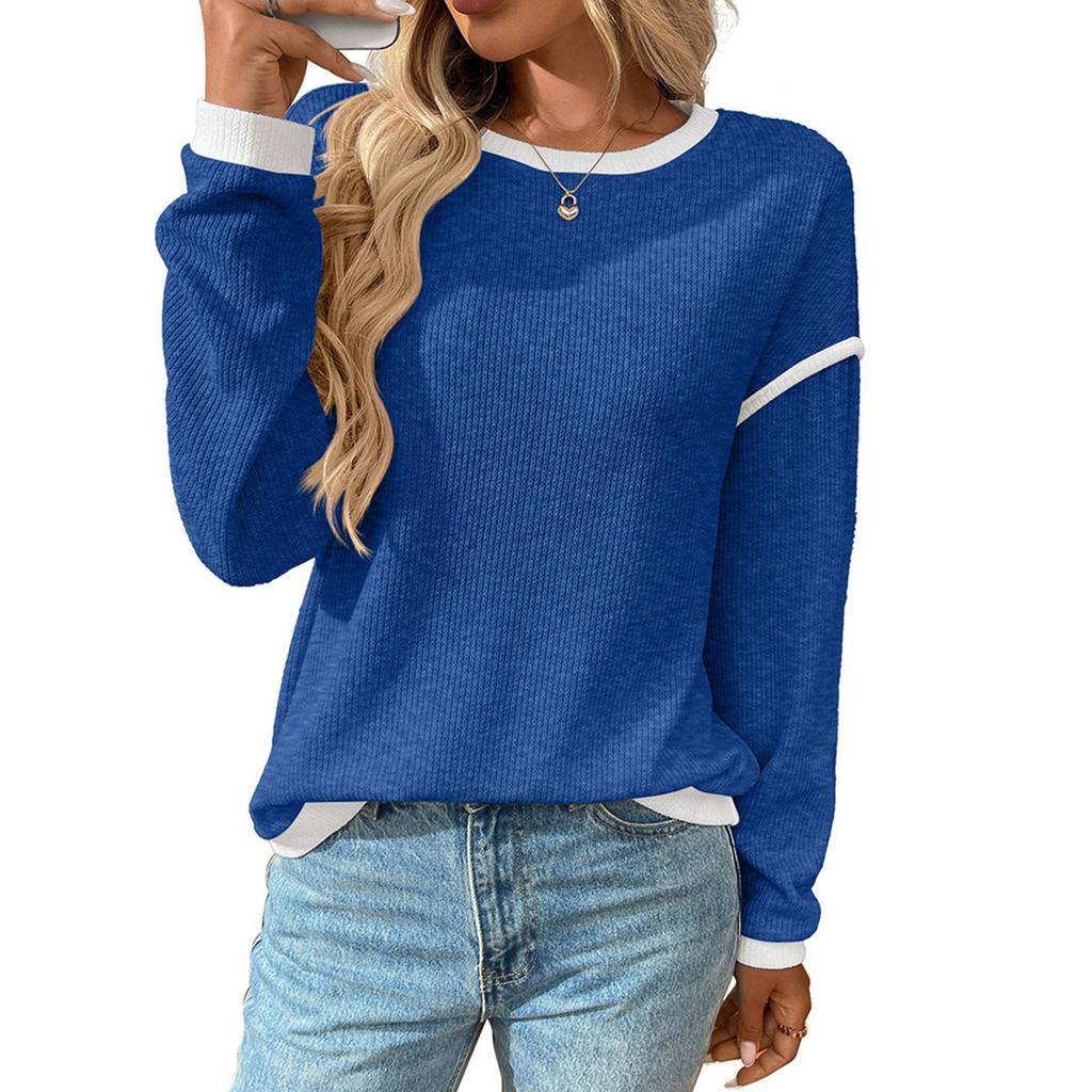 Women's Fashion Round Neck Imitation Sweater Long Sleeve Colour Block Loose Top