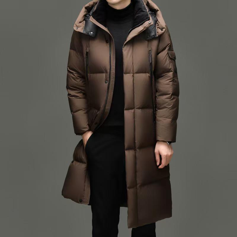 Brand 2025 Men's Winter Hooded Over-the-Knee Long Down Jacket with Fleece Lining