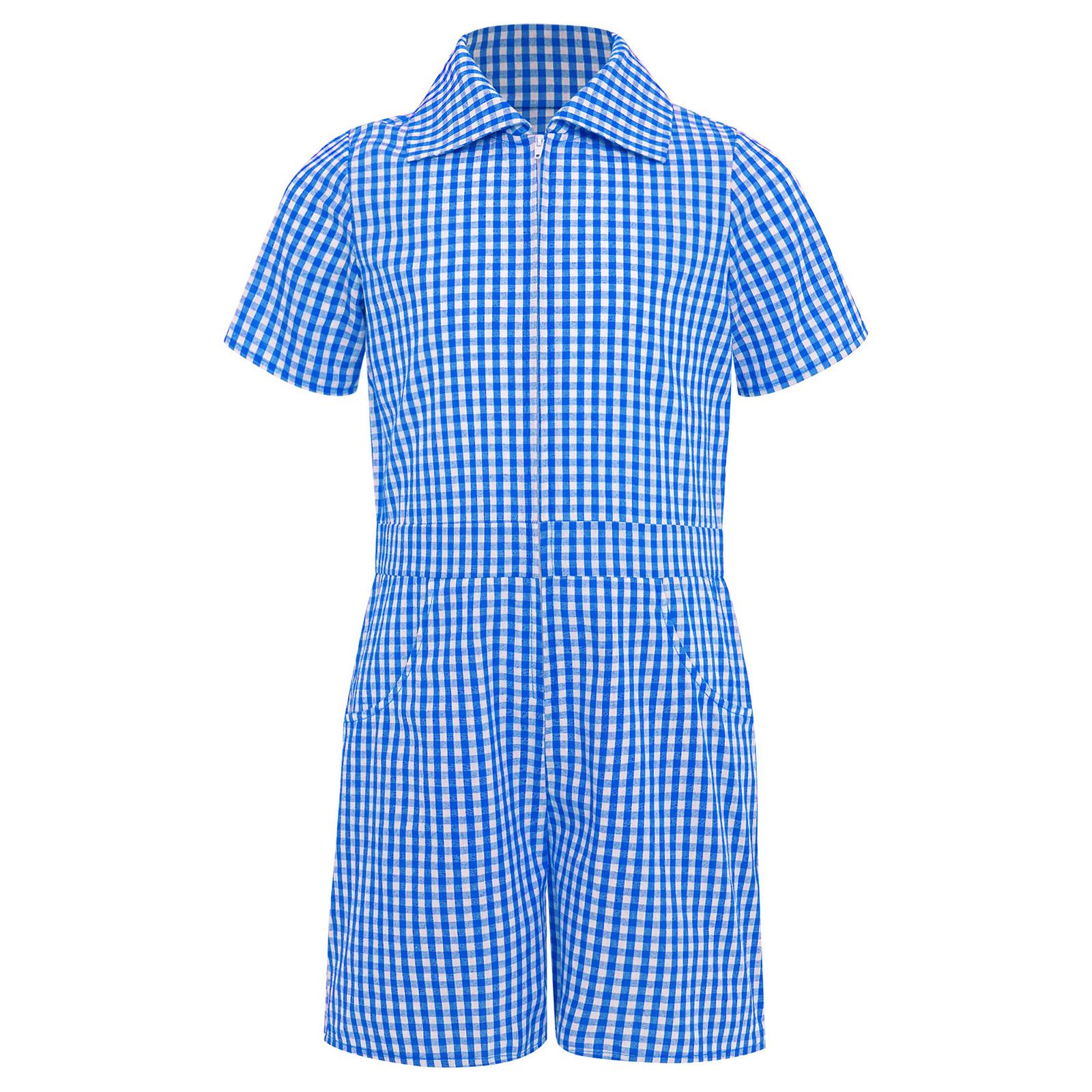 

Girls Plaid Playsuit School Uniform Turn Down Collar Short Sleeve Front Zipper Jumpsuit Casual Outfit 11-12 Years