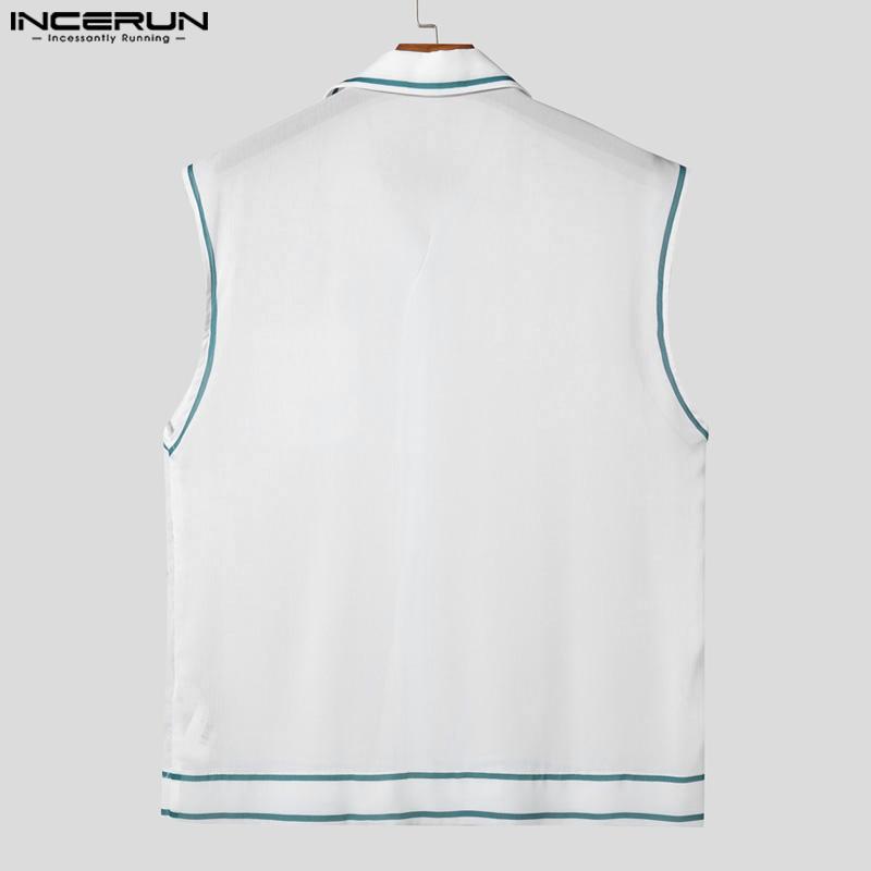 INCERUN Men Lapel Neck Sleeveless Buttons Up Stitching Semi-Sheer Casual Tank Tops