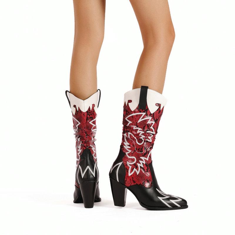 Fashion Cowboy Western Boots Women's Embroidery Mid Calf Boots Patchwork Snakeskin Mixed Colours Heels Shoes