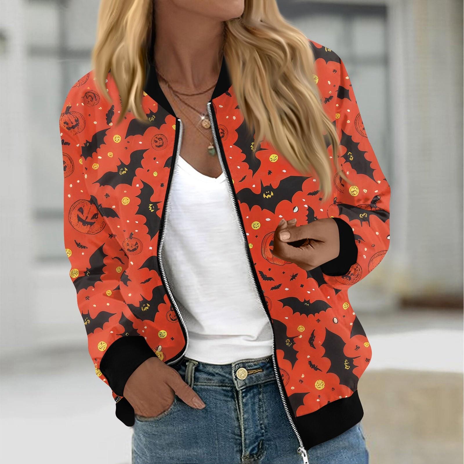 

Женская модная повседневная куртка с длинным рукавом и принтом на Хэллоуин с круглым вырезом на молнии XXL киноварь