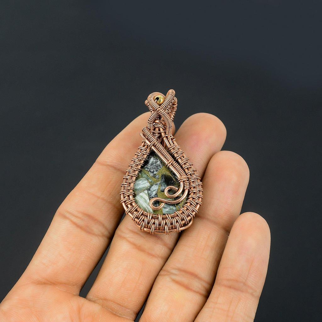 Copper Seraphinite Pendant, 999 Copper Wire Wrapped Gemstone Jewelry, Handmade Pendant, For Thanksgiving