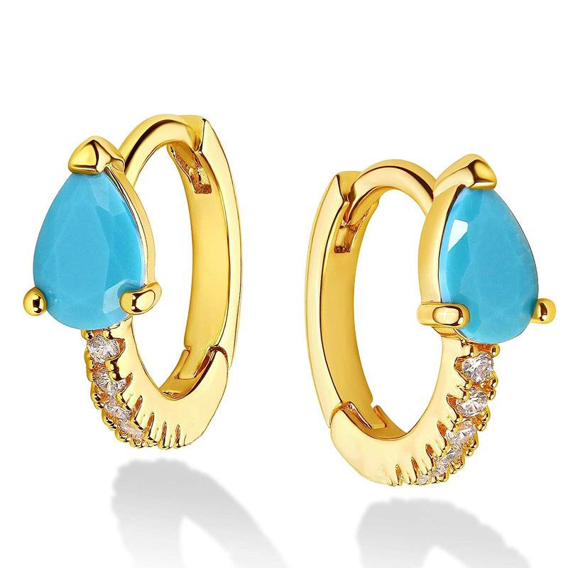 Teardrop Turquoise Color Stone Huggie Hoop Earrings for Women Gold Tone Sparkly Pave Small Hoop Earrings Elegant Daily Jewelry