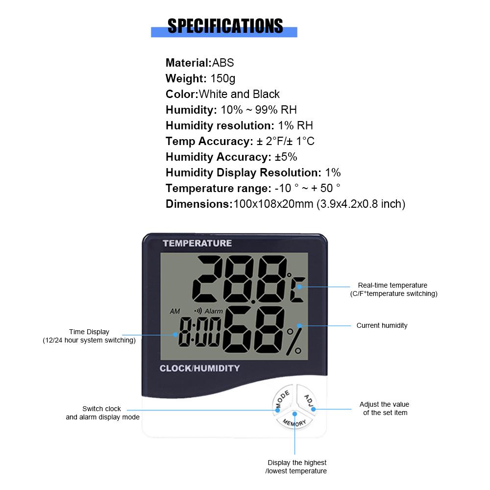 HTC-1 Large Screen Hoom Thermometer Hygrometer Indoor Electronic Thermometer with LCD Display Electronic Alarm Clock