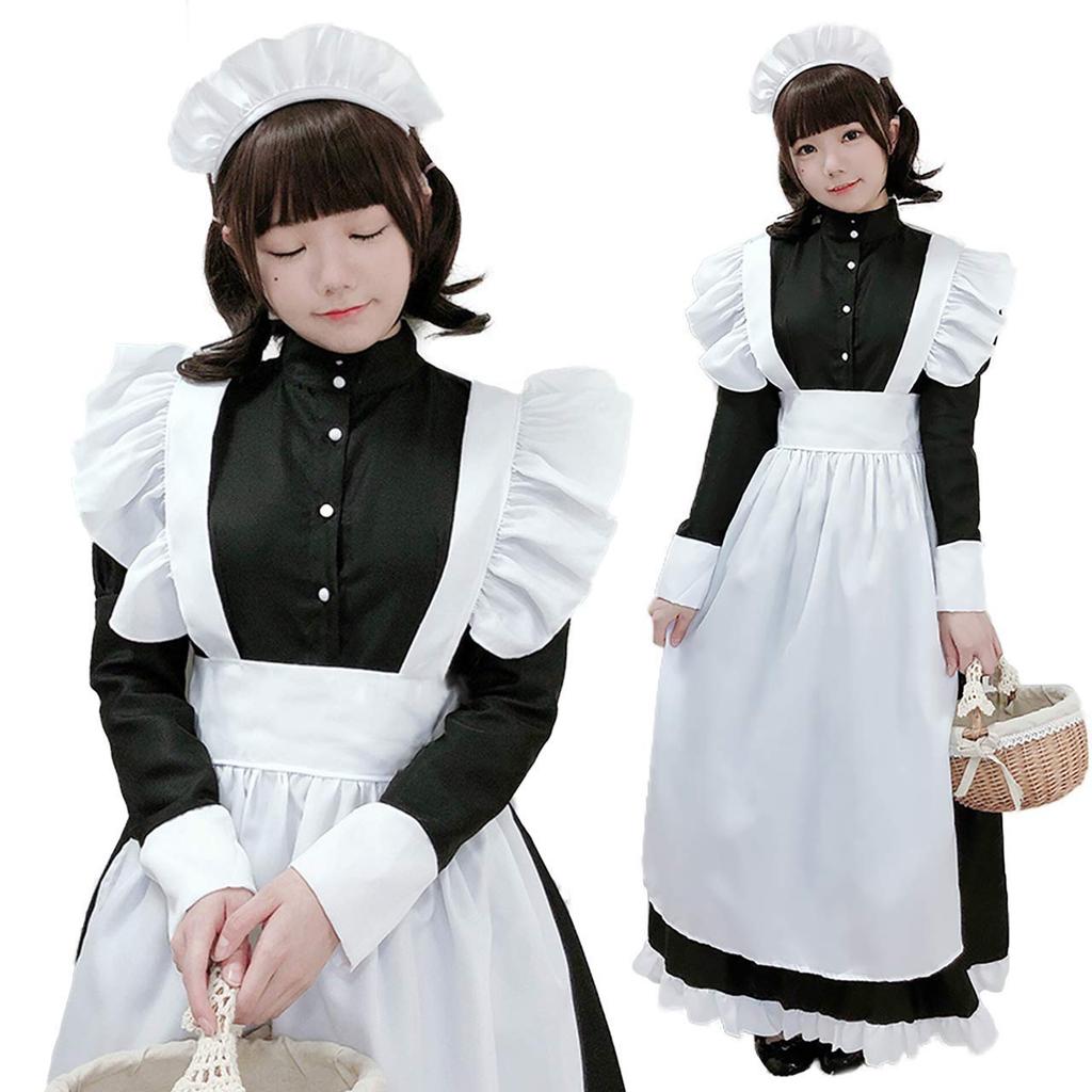 Milky Time Women's Maid Dress, Lolita, Classical Apron, Monochrome, Long Length, Cosplay Costume (Size L)