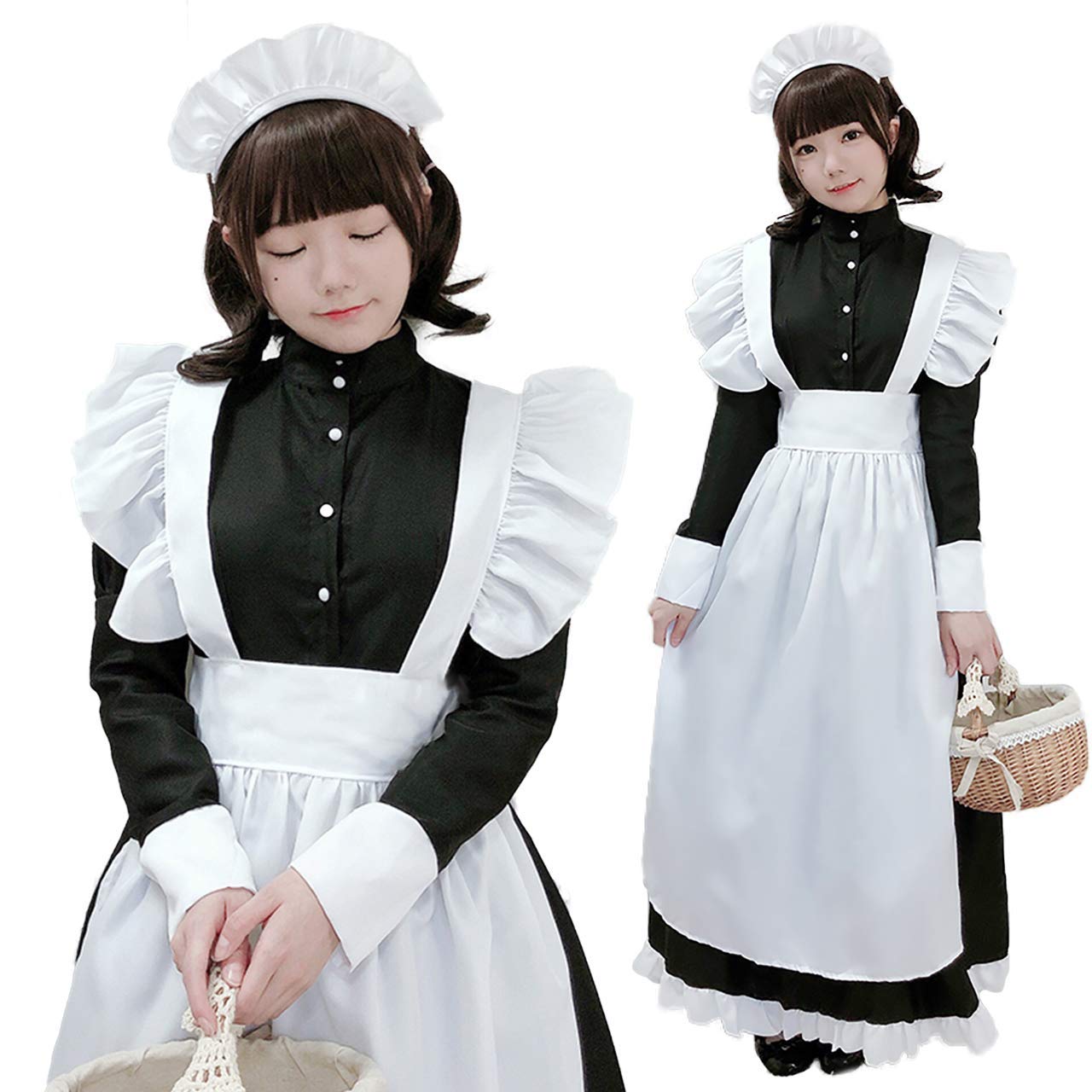 

[Milky Time] Lolita Maid Dress with Classic Apron, Monochrome, Long Length (XL)