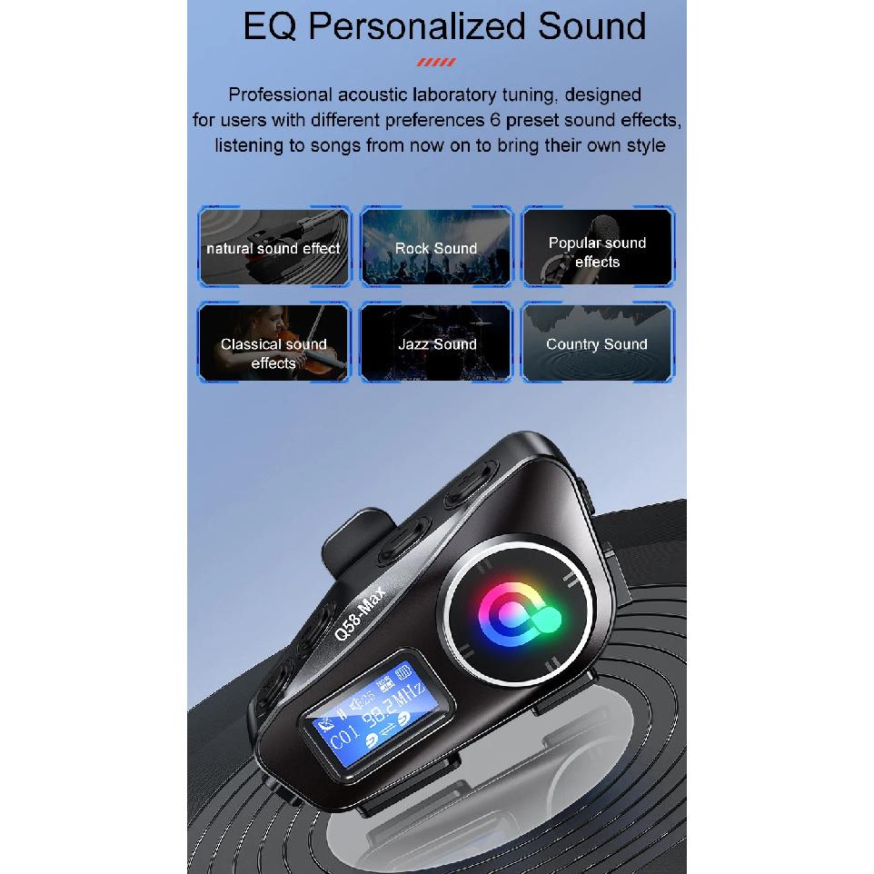 Q58-MAX Motorcycle Helmet Bluetooth Headset Intercom LED Lighting Dual 500M IP65 Rateddeep Waterproof Stereo FM Radio Interphone