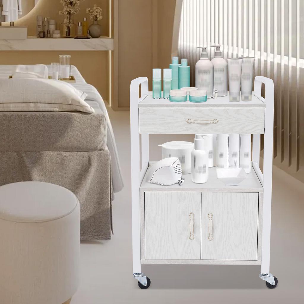 Professional 2-Tier Salon Rolling Cart, Mobile Organizer w/ 4 Wheels, 75kg/165 lbs Capacity, White Beauty Supply Storage Cabinet