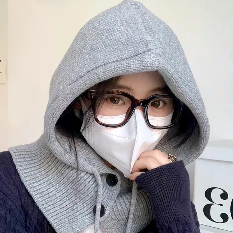 Winter Balaclava Hats For Women Unisex Knitted Hooded Caps Outdoor Warmer Drawstring Hat One-Piece Neck Collar Beanies Caps