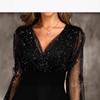 Spring Women's Mesh Splicing Hollow V-neck Long-sleeved Dress