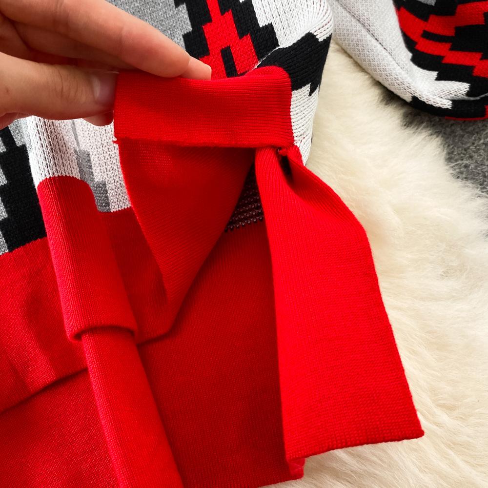 Conjunto de Moda para Mujer Otoño Invierno Suéter Holgado de Manga Larga a Cuadros Conjunto de Dos Piezas Pantalones de Punto Rectos de Pierna Ancha Adelgazantes de Cintura Alta