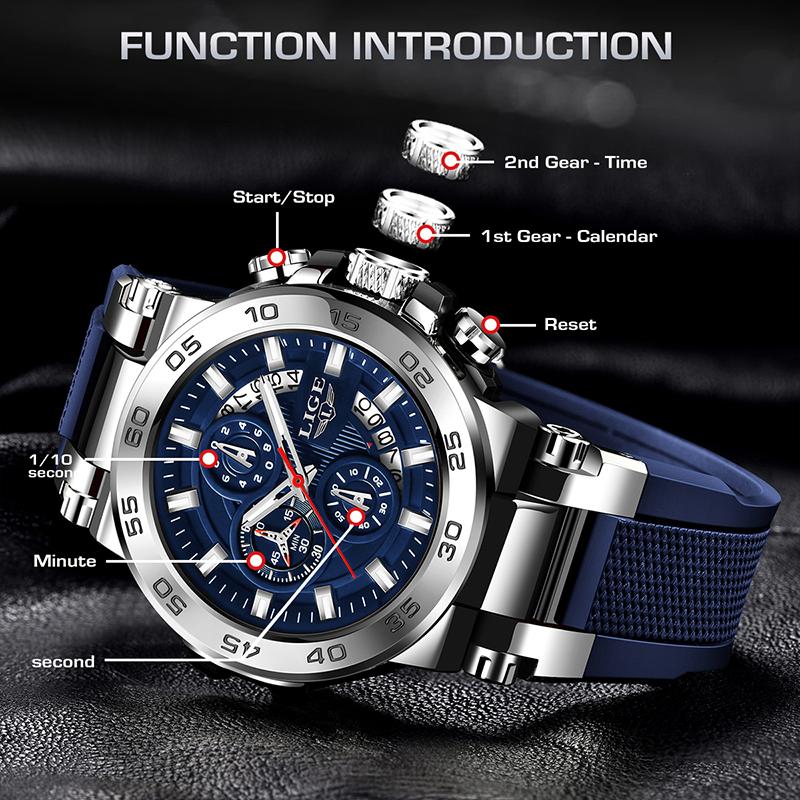LIGE Fashion Men's Watches Silicone Strap Simple Sports Military Date 30M Waterproof Quartz Mens Wristwatches Relogios Masculino