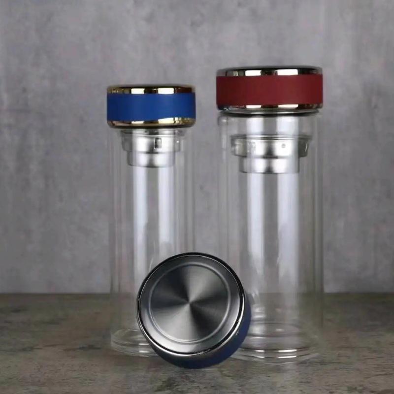 Double-Layer Glass Tea Cup with Custom Logo and Screw Cap