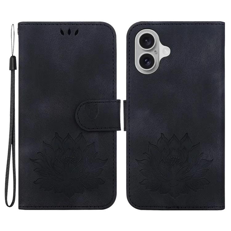 

For iPhone 16 Phone Case Lotus Imprint Leather Stand Wallet Cover - Black