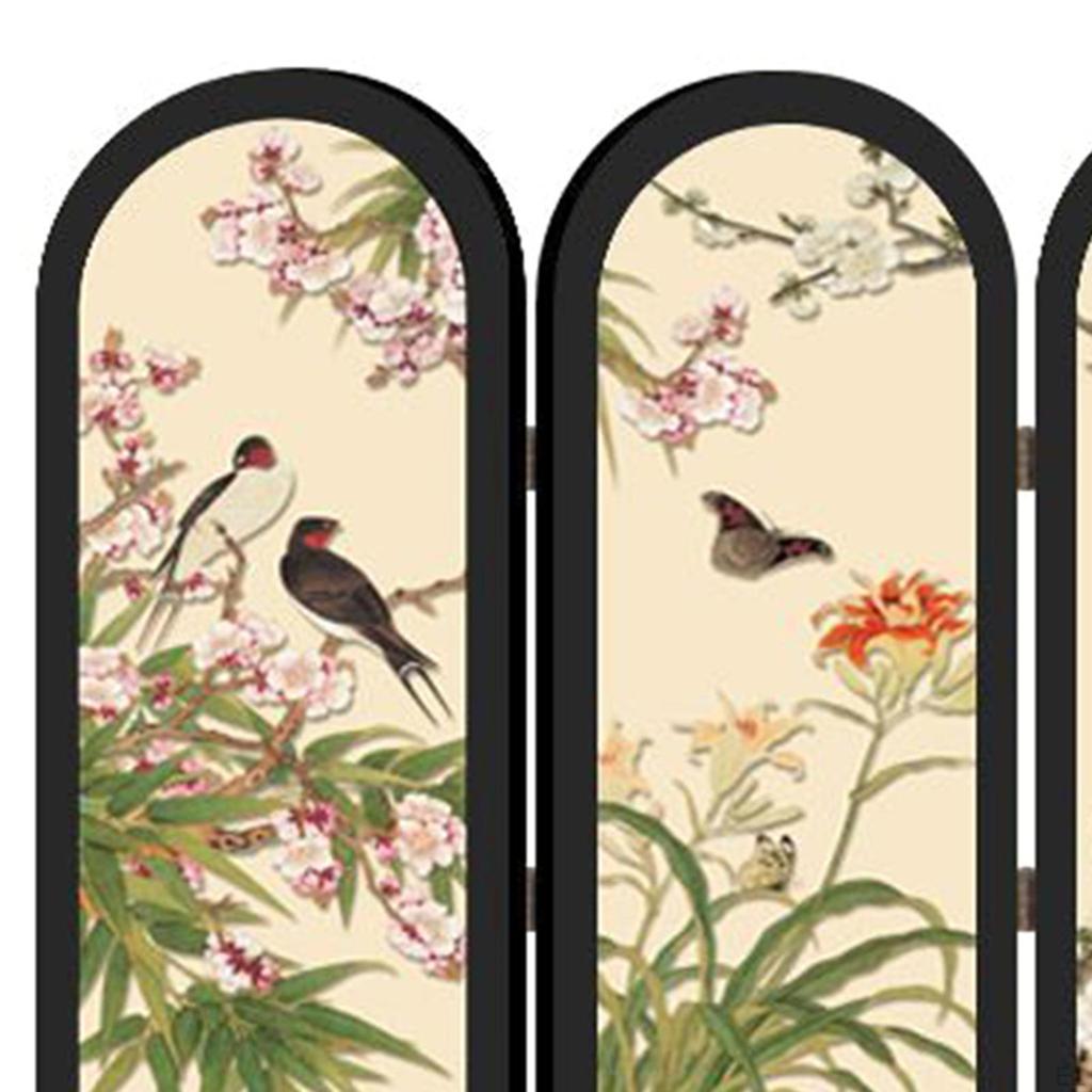 Kinesisk Design Mini Skärmprydnad 3-delad Skiljevägg Liten Bordsdekoration Fågel- och Blomtryck för