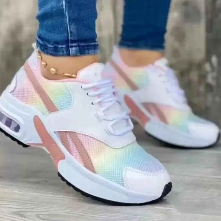 Single shoe European and American new fashionable low top shoes Dad round toe mid heel lace up mesh casual style sports shoes