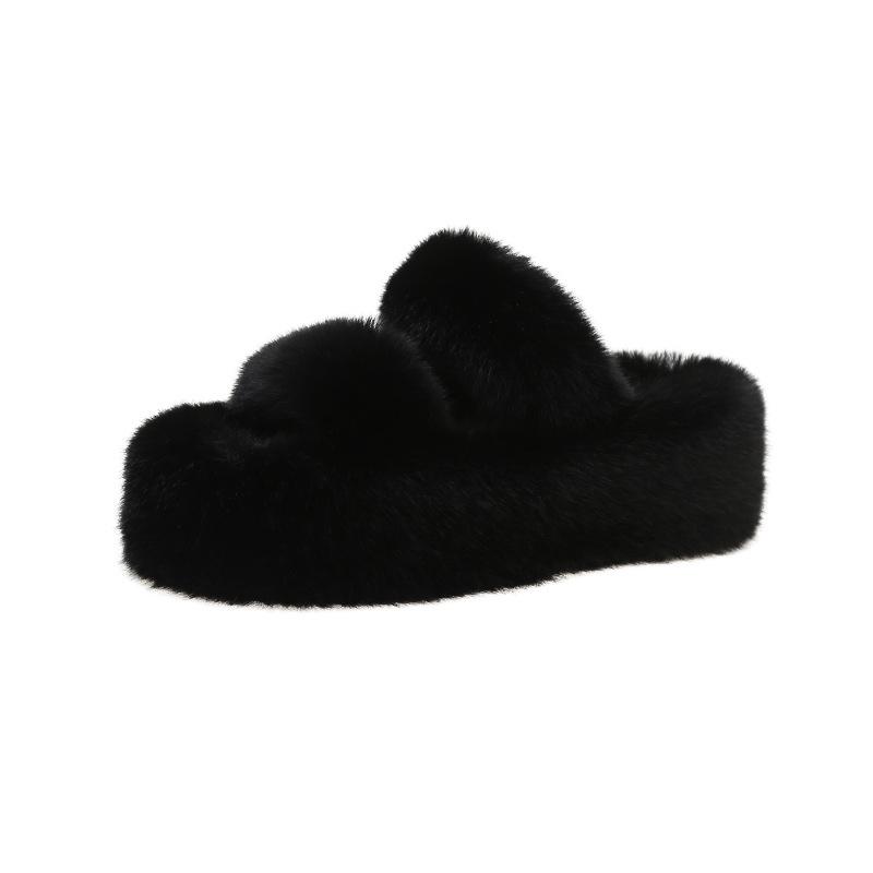 Thick bottom heightening fluffy slippers women's outer wear 2025 new autumn and winter fashion muffin plush one-word cotton mop