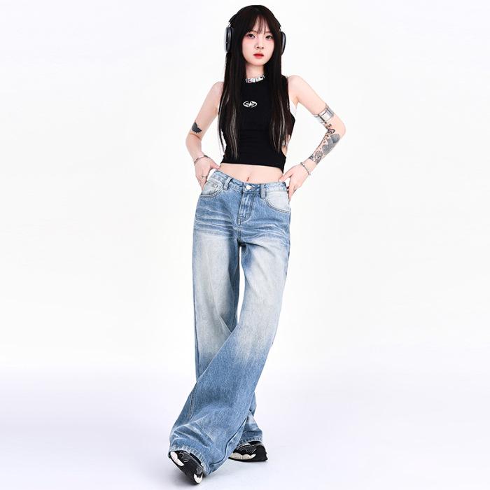 Women's 2024 Retro Low-Rise Wide-Leg Creased Distressed Jeans