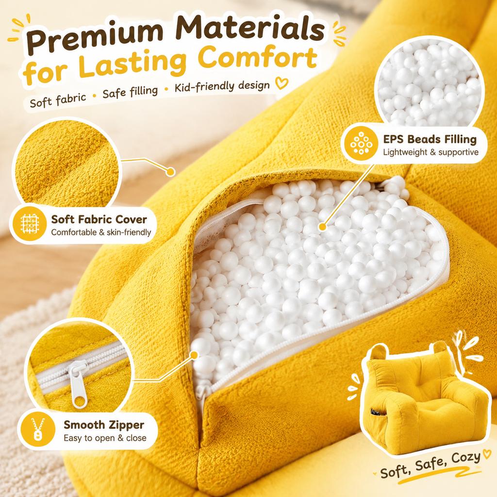Kids Sofa Yellow Lazy Sofa with Bear-Ear Backrest and Side Pocket 38x38x35cm