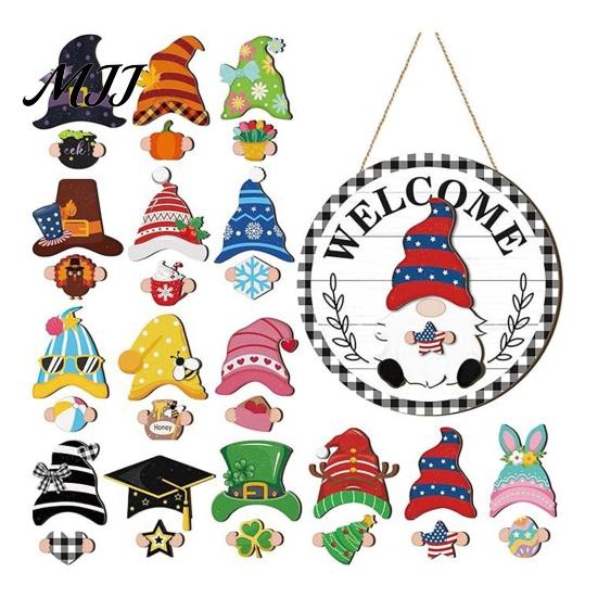 Festive Wooden Door Decoration 1 Set Interchangeable Welcome Sign with Seasonal Hat Accessories Gnome Hats Highland Cow Hanging Front Home