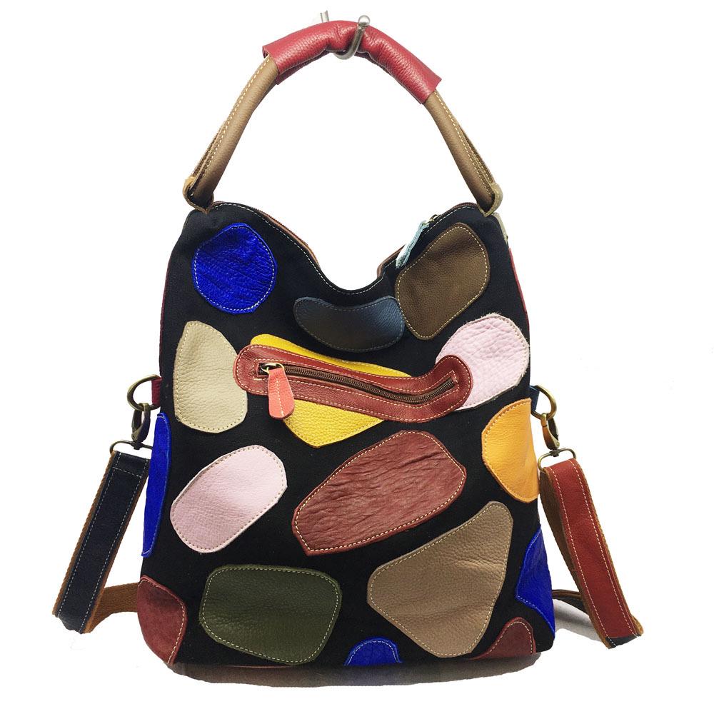 New Women's Bag, Color Blocked Leather Cowhide Shoulder Bag, Hand Stitched Graphic Shoulder Crossbody Bag, Women's Bag