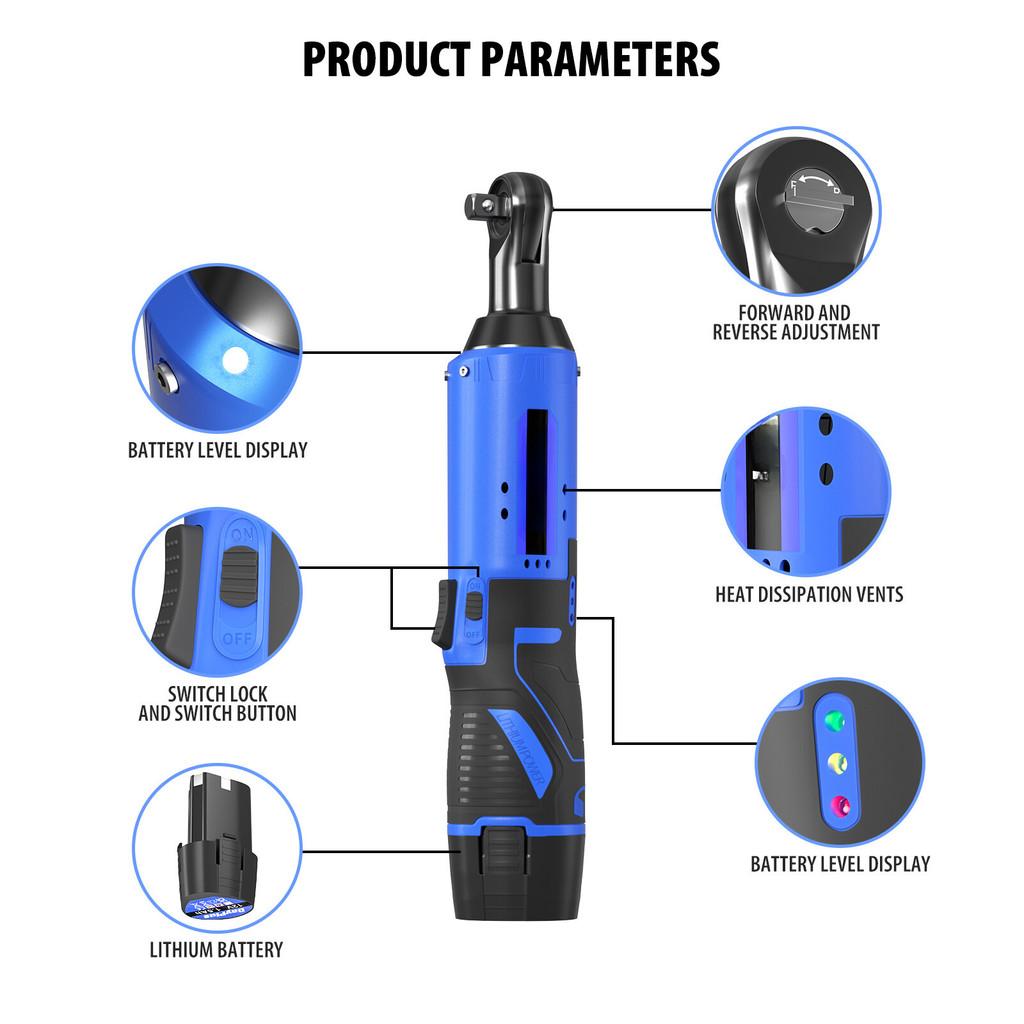 30FT-LBS Torque Cordless Electric Wrench Set Rechargeable 3/8'' 90° Ratchet Angle Wrench Car Bicycle Repairing Power Tool