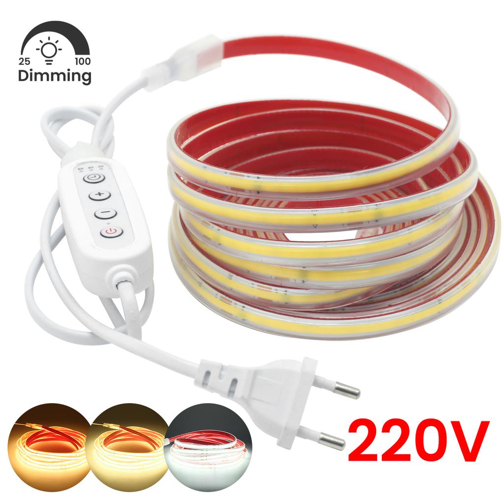 220V Dimmable COB LED Strip Light 240 LEDs/M Flexible Waterproof Linear Tape With Adhesive Backing