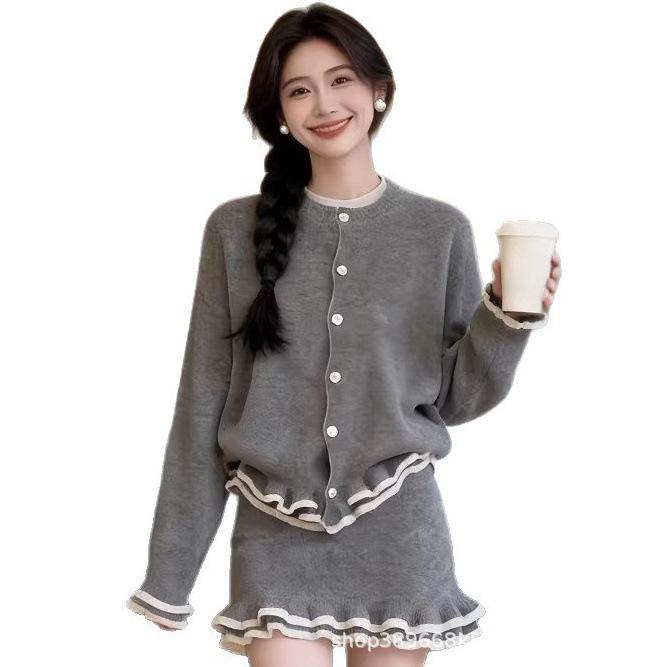 Korean Chic Knit Cardigan & Ruffle Skirt Set - Women's Winter Style