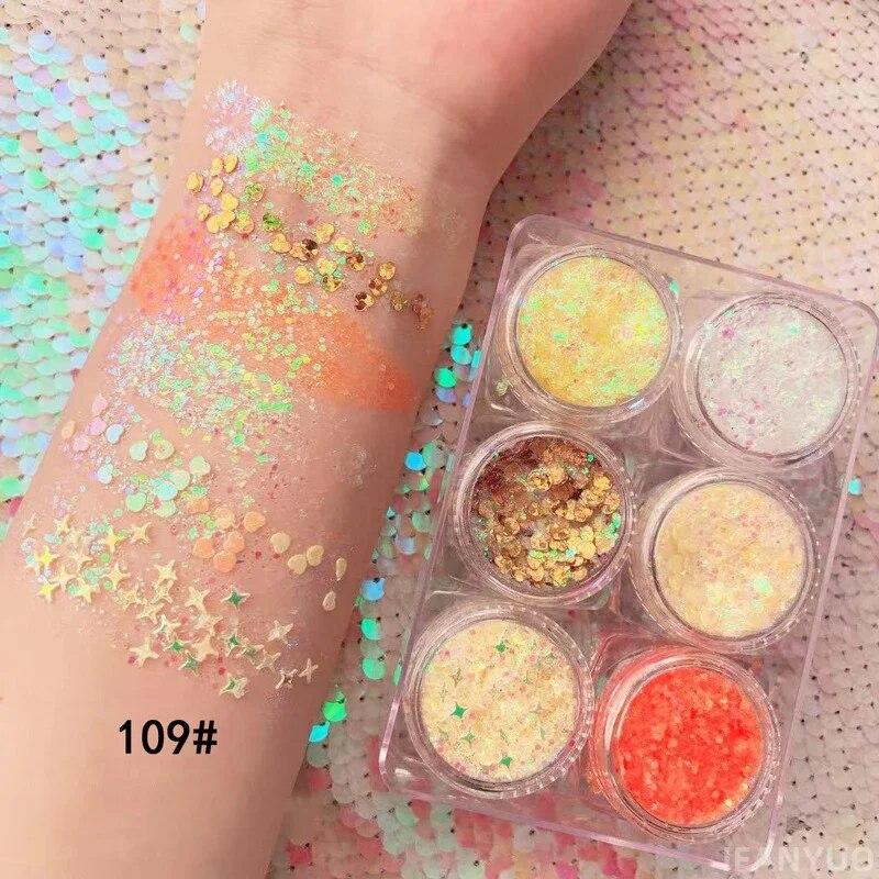 6-Farben-Pailletten-Gel-Creme-Lidschatten-Palette Glitzer-Diamant-Augen-Make-up-Haar-Körper-Gesichts-Glitzer-Gel-Kunst-Flash-Lose-Pailletten-Creme