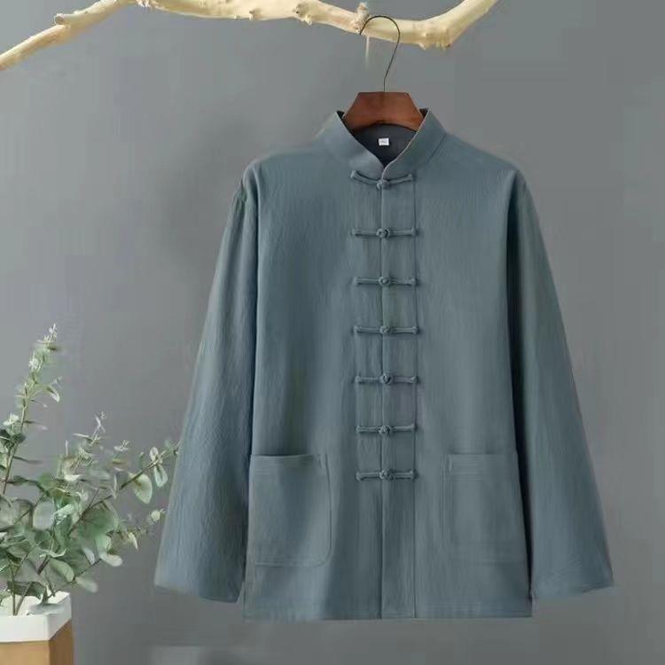 Men's Retro Chinese Cotton-Linen Stand Collar Long-Sleeve Shirt