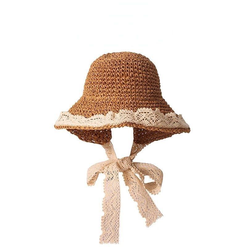 Lace Straw Sun Hat Children's Large Brim Summer Breathable Straw Hat Seaside Full Face Shading Sun Protection Hat Tide