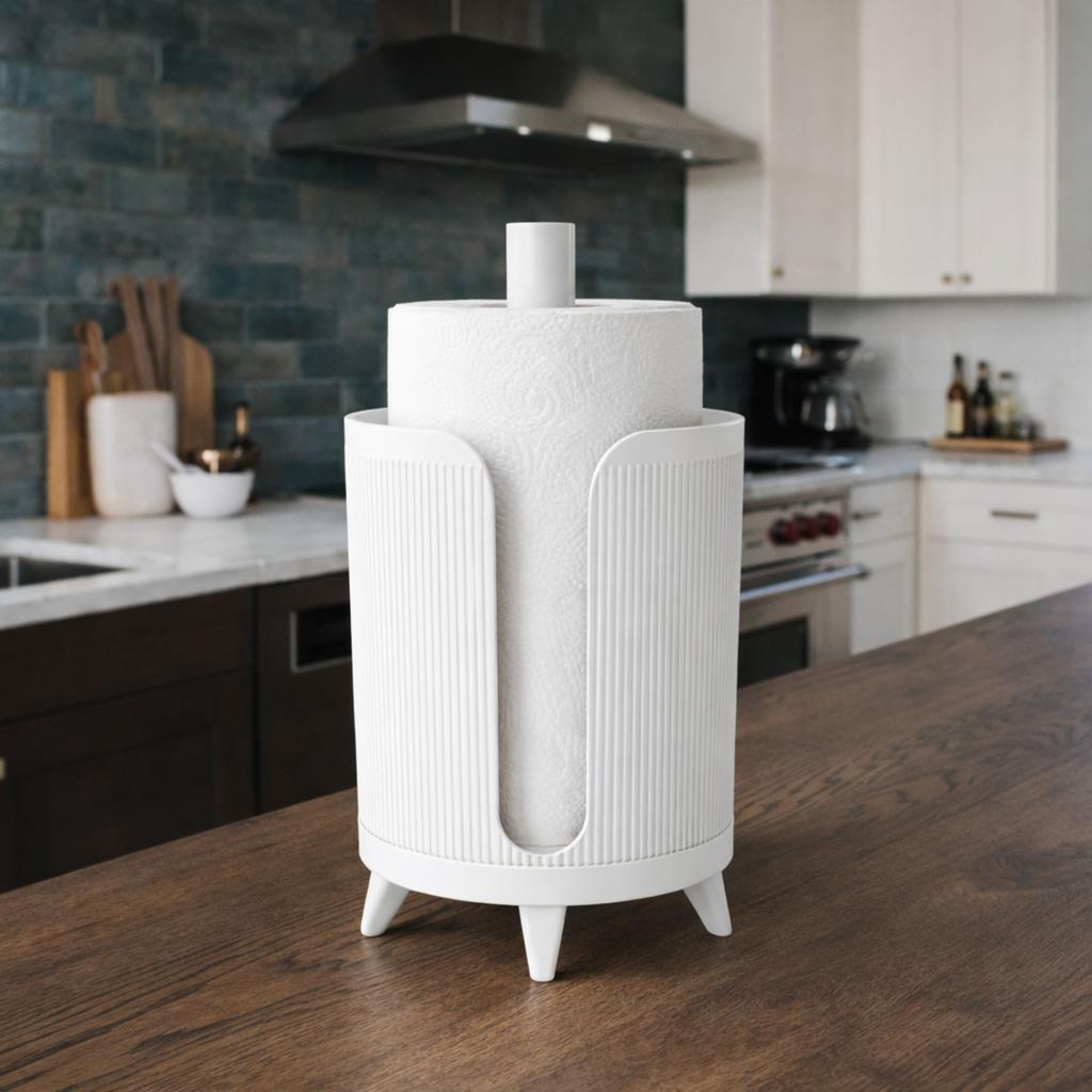 White paper towel stand with legs and kitchen holder