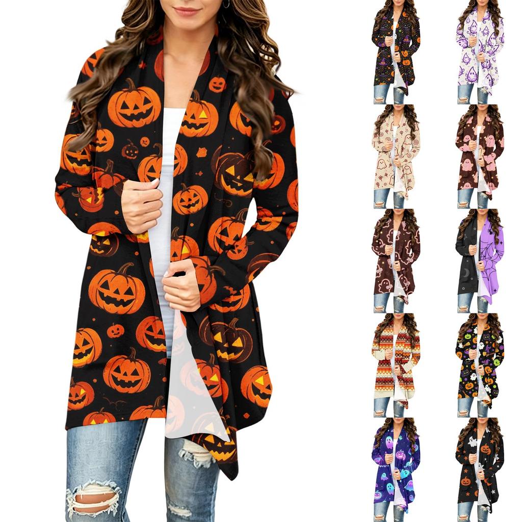 Damen Trendy Halloween-Print Langarm-Strickjacke Pullover für Lässige Herbstmode