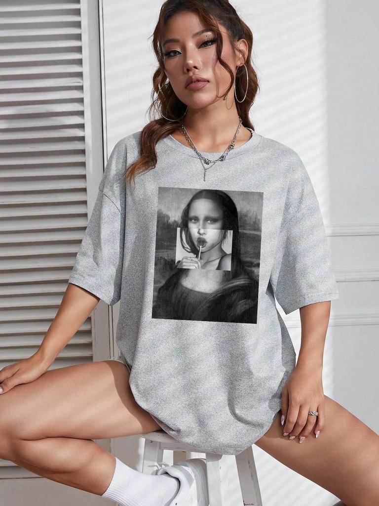 Mona Lisa Drinking Beverages Womens Tshirt Summer Breathable Casual T Shirt Loose Soft Tops Hip Hop Oversize Fashion Clothes