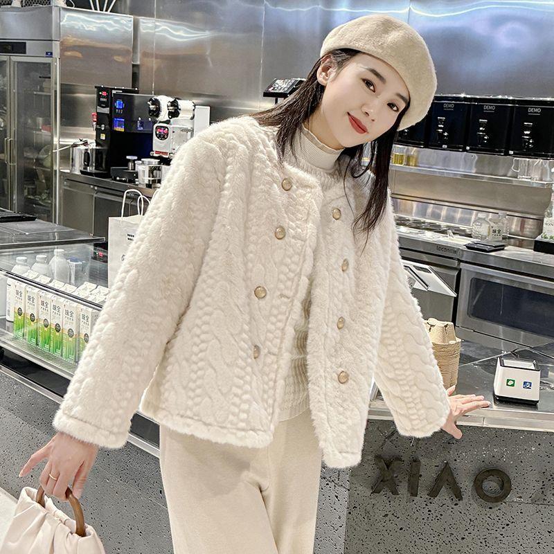 Women's Autumn Winter Short Faux Mink Fur Coat with Cotton Padding Thickened Crew Neck Fluffy Fashionable Outerwear