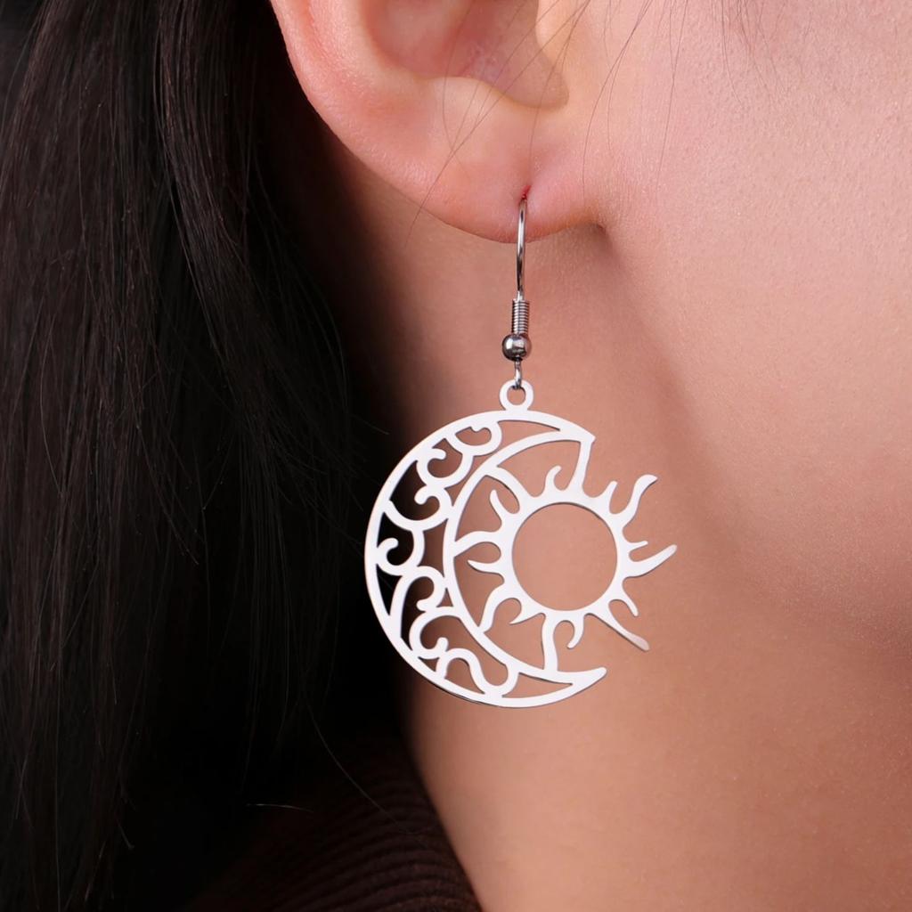 LIKGREAT Vintage Celtic Crescent Moon Sun Drop Dangle Earrings for Women Stainless Steel Good Luck Pendant Jewelry Birthday Gift
