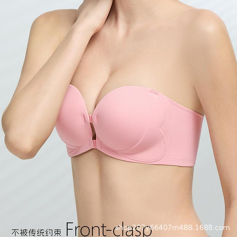 Traceless invisible liquid foundation underwear women's front buckle type small chest gathering anti-sagging bra cover summer thin strapless